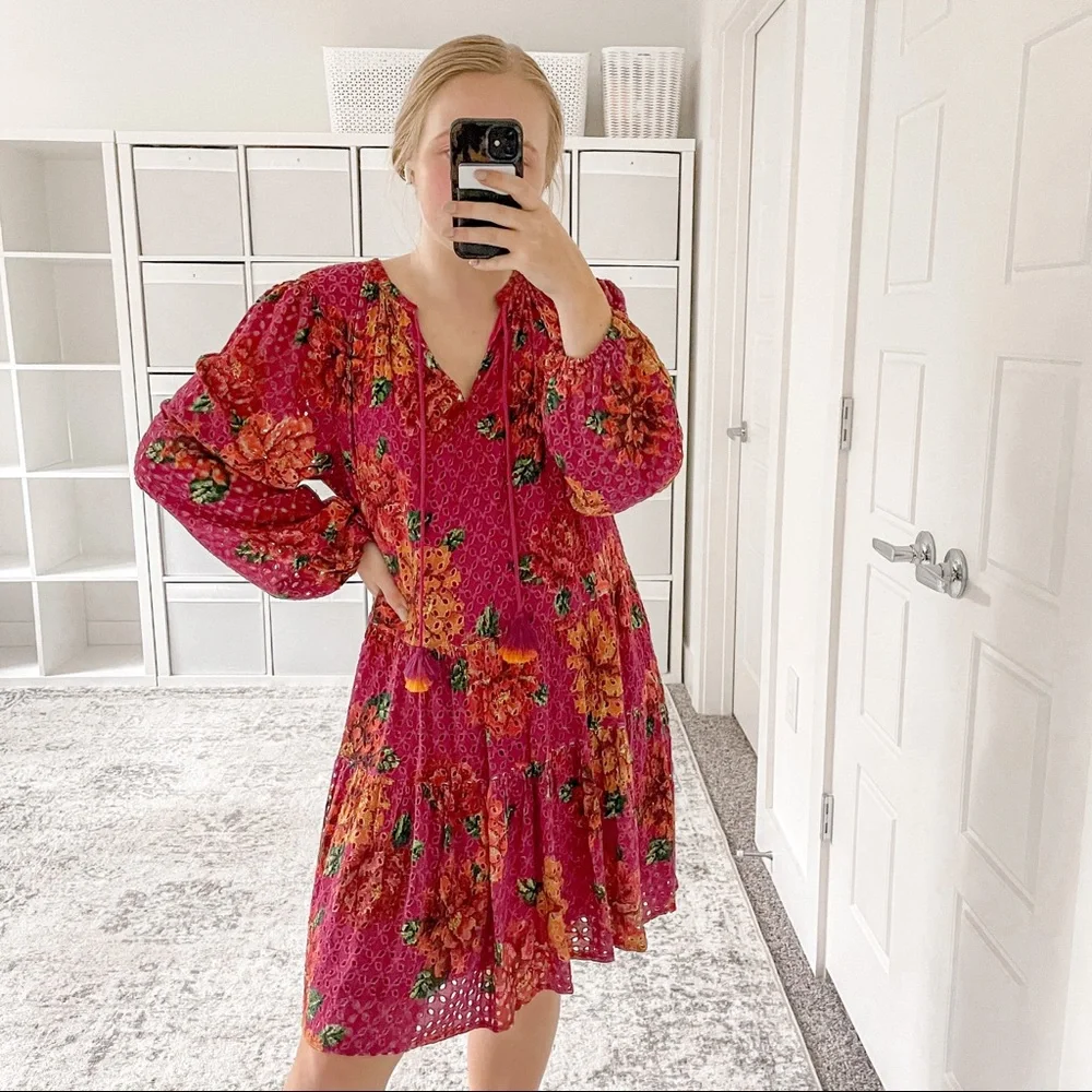 Farm Rio Anthropologie Eyelet Tiered Tunic Dress Floral